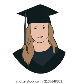 Graduate Student In Flat Color, Graduated Girl, Graduation Cap, University Ceremony, Vector Illustration, Face, Academic Regalia