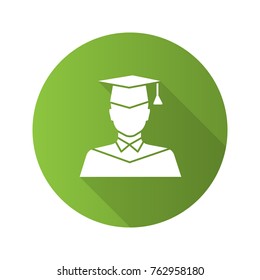 Graduate student flat design long shadow glyph icon. Person in academic dress. Vector silhouette illustration