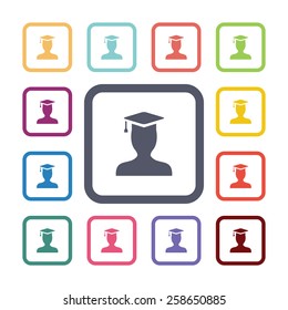 graduate student flat icons set. Open colorful buttons 
