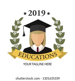 Graduate student girl with light hair. An icon. Flat graduation illustration isolated for any web design.