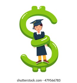 Estudiante graduada en una tabla de mortero exprimida por una gran serpiente que parece un signo de dinero en dólares. Una metáfora excesiva del precio de la deuda educativa. Ilustración vectorial moderna de estilo plano aislada en fondo blanco.