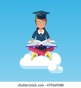Graduate student girl in mortar board hat sitting in lotus pose on a white cloud in the sky and reading a big book. Flat style modern vector illustration isolated on white background.