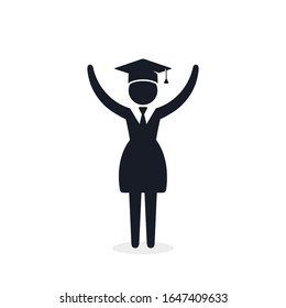 Graduate student girl in square hat raise hands vector icon. Female in mortar hat and graduation academic wear.