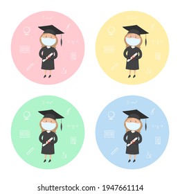 Graduate student girls in masks. Icon set. Vector.