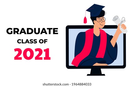 Graduate student in gown and mortarboard celebrate graduation during coronavirus quarantine. Virtual online ceremony on a laptop monitor