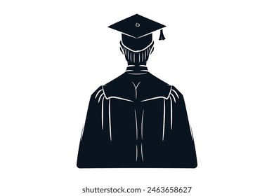Graduate student with graduation cap and gown, back view, silhouette vector sketch illustration