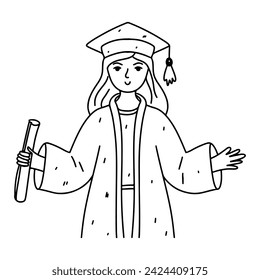 Graduate student. Hand drawn doodle style. Vector illustration isolated on white. Coloring page.