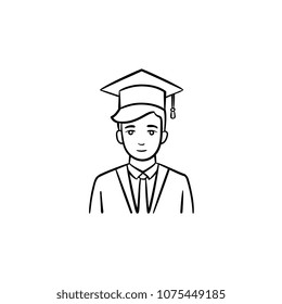 Graduate student hand drawn outline doodle icon. Student wearing graduation cloak and cap vector sketch illustration for print, web, mobile and infographics isolated on white background.