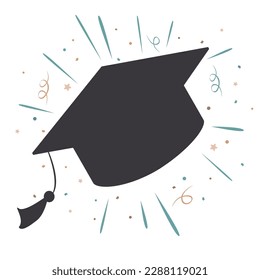 Graduate student hat doodle icon with confetti and shiny rays. High education and graduation symbol. Vector isolated illustration. Greeting card for graduation party.