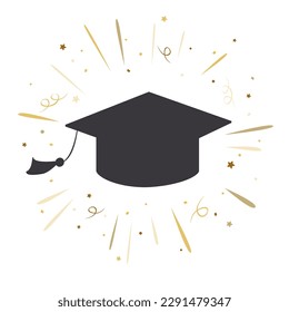 Graduate student hat doodle icon with golden confetti and doodle shiny rays. Vector isolated illustration. Greeting card for graduation party