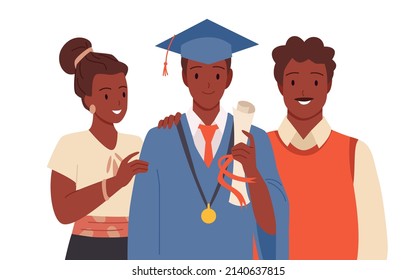 Graduate student with his proud parents. Graduation school ceremony, celebrating gaining study diploma, bachelor degree, academic hat and robe cartoon vector illustration