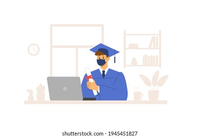 Graduate student at home wears a protective mask. Laptop computer, Graduation dress, diploma. Concept of graduation ceremony, quarantine, against coronavirus, pandemic, graduation 2021.