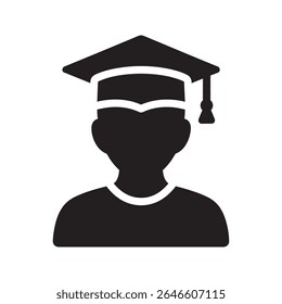 Ícone de estudante de pós-graduação com tampa de mortarboard representando a conquista da educação superior e cerimônia de convocação da universidade para um novo ícone de glifo sólido vetorial acadêmico