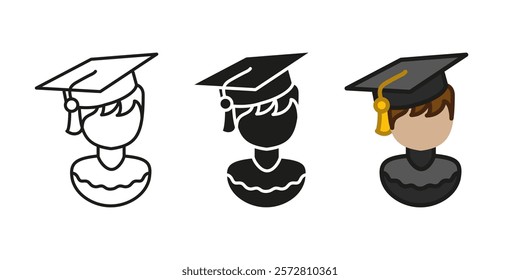 Graduate student icon. Pupil person graduation character vector illustration. University hat or cap. College schoolboy portrait. Academic education uniform. Graduation ceremony man. Student concept.