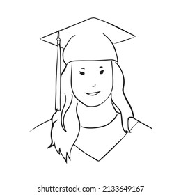 Graduate Student Line Art, Graduated Girl, Graduation Cap, University Ceremony, Vector Illustration, Face, Academic Regalia