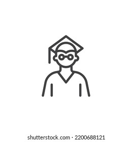 Graduate Student Line Icon. Linear Style Sign For Mobile Concept And Web Design. Student With Graduation Hat Outline Vector Icon. Symbol, Logo Illustration. Vector Graphics