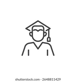 Graduate Student line icon. Outline icon vector showing a graduate with cap and gown. This icon symbol is great for academic success and university themes.