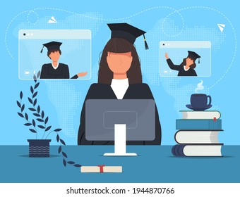 Graduate student in mantle with computer and books. Computer screen and world map. Online graduation ceremony. Diverse virtual celebration meeting during quarantine. Online education.
