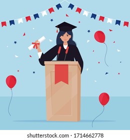 Graduate student in mantle holding a diploma and giving speech on podium. 
End of study concept. Vector illustration in flat style