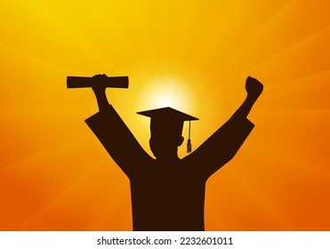 Graduate student in mantle and mortarboard with certificate on background of sunset. Graduation. Vector illustration