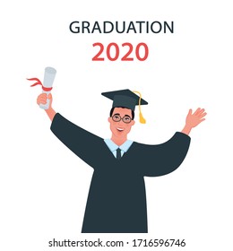 Graduate student in a master cap. The end of College. The characters of the students. Vector illustration of education