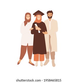 Graduate Student Muslim Girl In Hijab With Her Parents. Family Portrait, Proud Saudi Man And Woman Embrace Their Daughter, Graduated From College, University And Holding Diploma. Vector Illustration