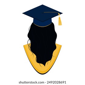 Retrato de estudiante de posgrado vista desde la parte posterior. Mujer joven con el pelo largo en la bata de graduación y la gorra. Elemento de diseño para avatar, tarjeta, poste, Anuncio, flyer, scrapbooking.