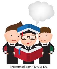 graduate or student or pupil leaning on a pile of books reading