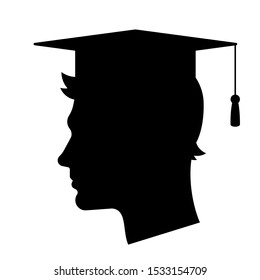 Graduate student - silhouette of man in graduation cap. The concept of graduating from university, school or educational institution. Male head, silhouette, face shape. Black vector illustration.