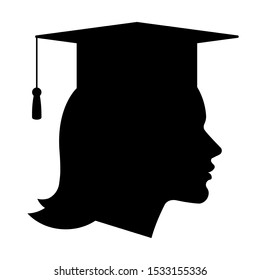 Graduate student - silhouette of woman in graduation cap. The concept of graduating from university, school or educational institution. Female head, silhouette, face shape. Black vector illustration.