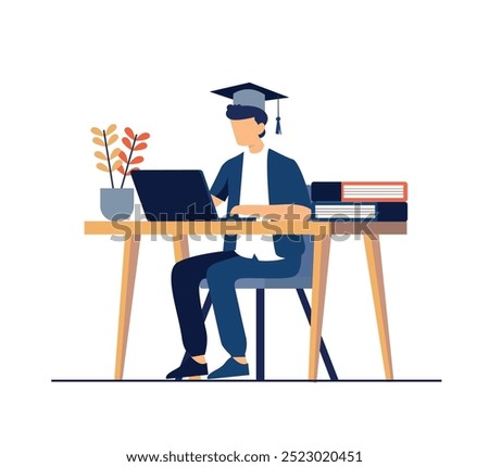 Graduate student sitting at the desk with laptop and books Flat vector illustration