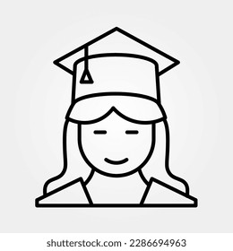 Graduate student in square cap or hat with tassel Icon. Graduate girl. Female in mortar hat and graduation gown. Editable vector stroke. Pixel Perfect scalable