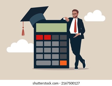 Graduate student standing with mortar board hat calculator. Student loan calculation, education budget allocation, university expense and debt pay off or scholarship payment.