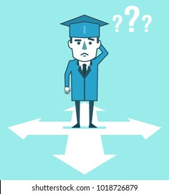 Graduate student stands at crossroads and decides which way to go. Future planning, choose career direction. Simple style vector illustration