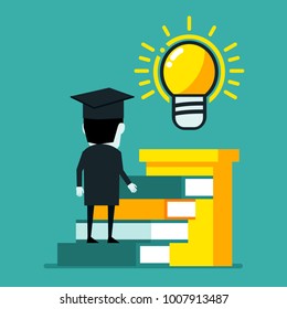 Graduate student stands on stairs made of books with idea light bulb at the top. Career growth, success, creativity through education concept. Flat style vector illustration