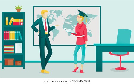 Graduate Student Talking to Professor in Classroom Cartoon. People Characters and Education. Back to College or Graduation. Study Process. Knowledge and Education. Vector Flat Illustration