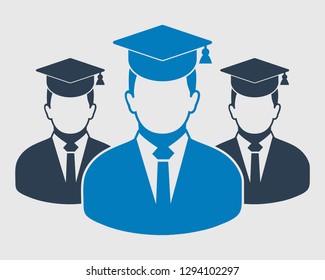 Graduate Student Team Icon. Male symbols with cap on head. Flat style vector EPS.