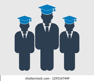 Graduate Student Team Icon. Standing Male symbols with cap on head. Flat style vector EPS.