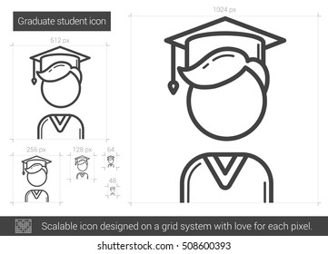 Icono de línea vectorial de estudiante graduado aislado en fondo blanco. Icono de línea de estudiante graduado para infografía, sitio web o aplicación. Icono escalable diseñado en un sistema de cuadrícula.