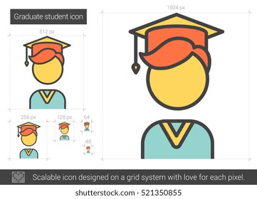 Graduierte Studierende, Vektorsymbol einzeln auf weißem Hintergrund. Graduate Student Line Symbol für Infografik, Website oder App. Skalierbares Symbol, das auf einem Gittersystem entworfen wurde.