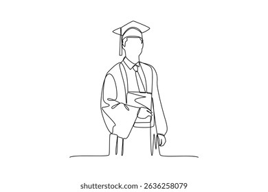 Graduate student wearing gown and cap in continuous line drawing