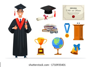 Graduate student wearing gown and hat holding diploma. Degree certificate roll, gold medal and trophy cup, globe, bell, tribune. Education and graduation accessory set isolated on white background