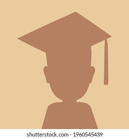 Graduate student wearing a square academic cap. Silhouette in beige brown tones. Young guy student in a higher education institution. Graduation evening at the university, institute, school. Vector.