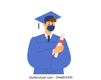 Graduate student wears a protective mask. Male portrait, Blue graduation dress with a diploma. Concept of graduation ceremony, quarantine, against coronavirus, pandemic, graduation 2021.