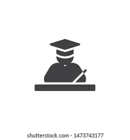 Graduate student writing at the table vector icon. filled flat sign for mobile concept and web design. Studying student glyph icon. Learning symbol, logo illustration. Vector graphics