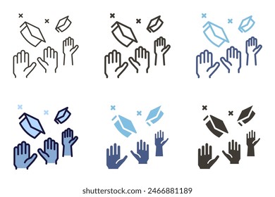 Graduate students arms and hands raised up throwing mortarboard hats in graduation celebration icon. Vector graphic elements