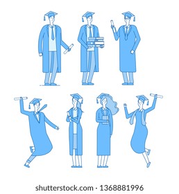 Graduate students character. Student group graduates high school graduated young male female in academic robe. Vector linear set