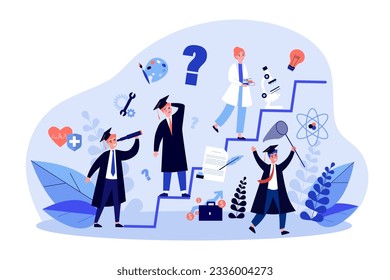 Graduate students choosing career path vector illustration. Cartoon drawing of career ladder, healthcare, business, writing, science, arts. Education, career, graduation, choice, success concept