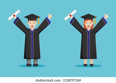 Graduate students. Happy students with diplomas in academic gown and graduation cap with certificate of education. Vector illustration in a flat style.