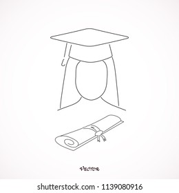 Graduate Students Icon. Male and Female symbol with graduation cap on their head. book.